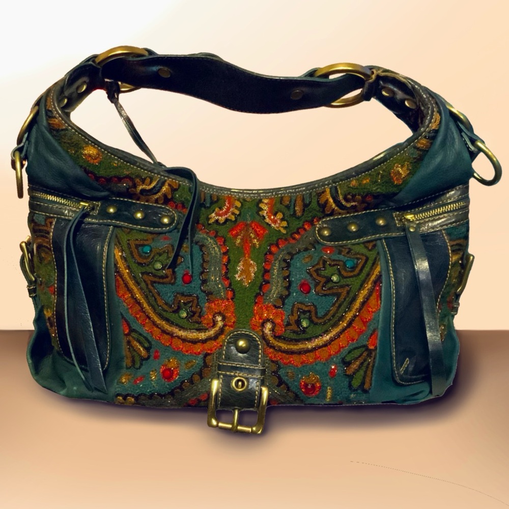 ISABELLA FIORE beaded Tapestry carpet bag LARGE Leather Boho Purse Hippie Chic